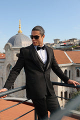 Black Jacquard Four Piece Dinner & Wedding Suit for Men by ECCA LONDON