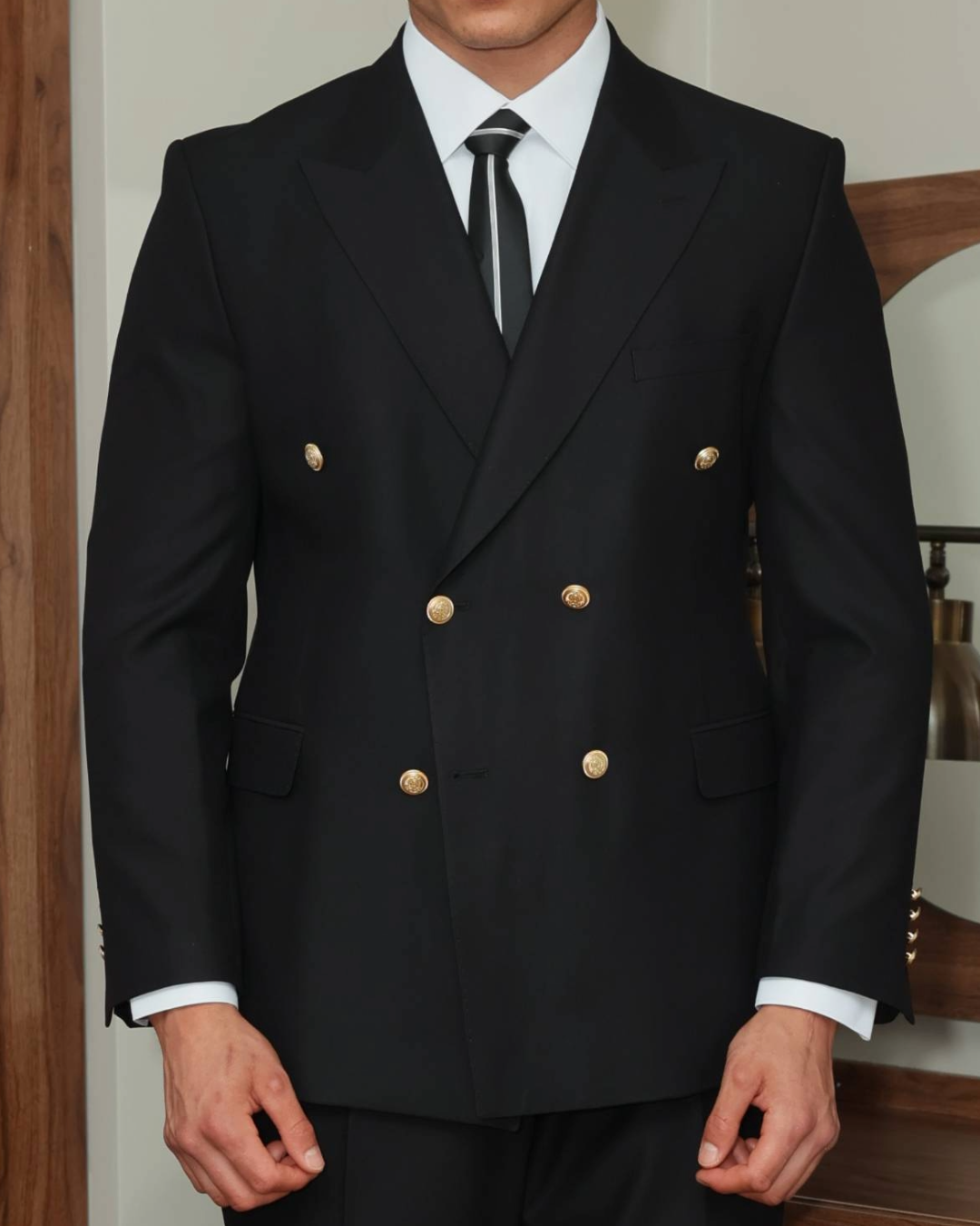 Black double-breasted suit jacket with gold buttons for Men