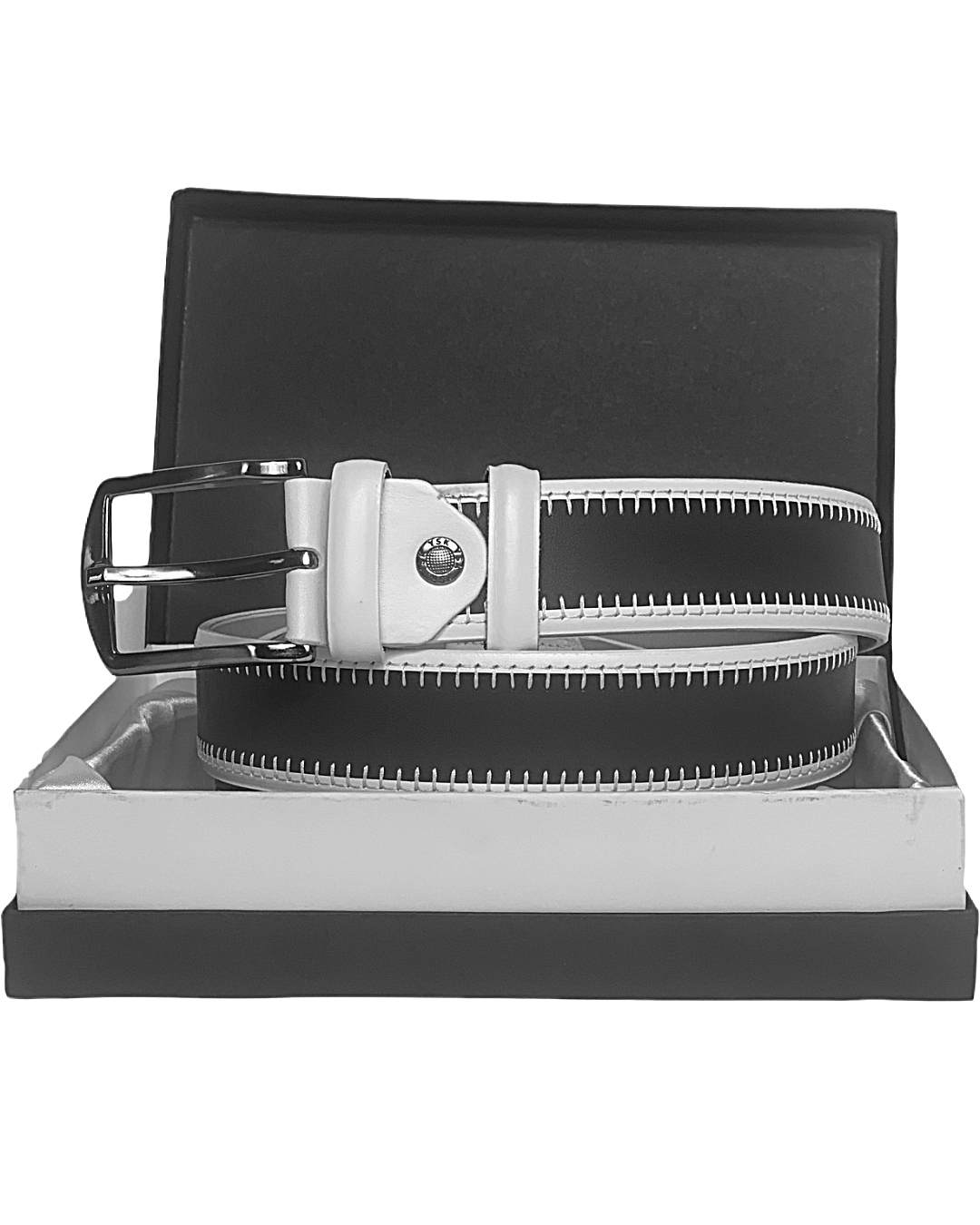 A black and white genuine leather belt with a silver buckle presented in a black box.