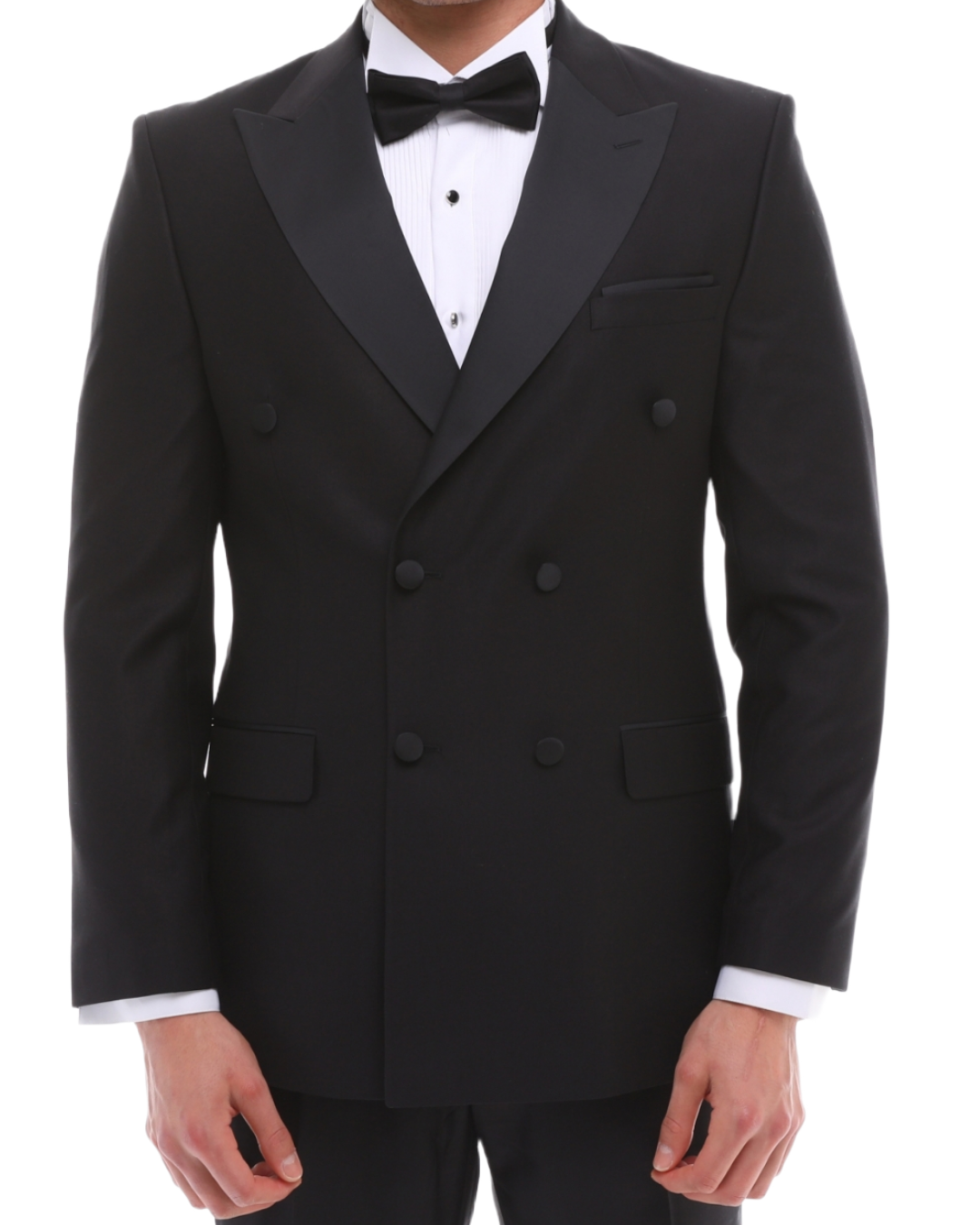 black double breasted tuxedo with a bow tie and a white shirt.