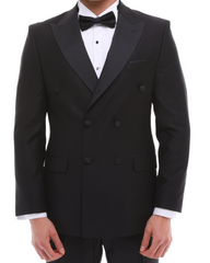 black double breasted tuxedo with a bow tie and a white shirt.