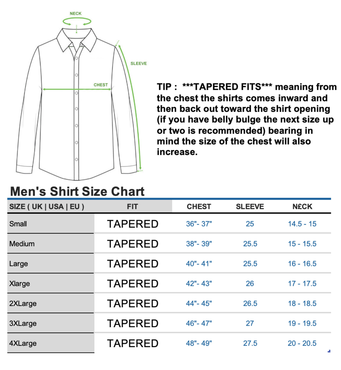  Blue Stripe with White Collar Shirt Size Chart by Ecca London Design