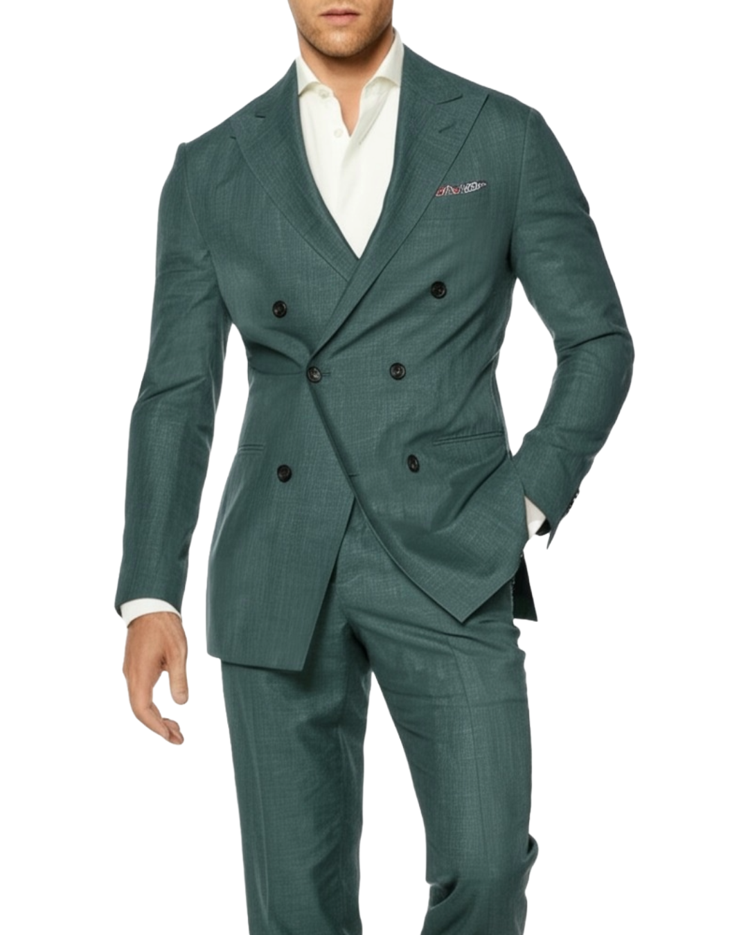 green double breasted suit with green crystal buttons, paired with a white shirt and a pocket square.