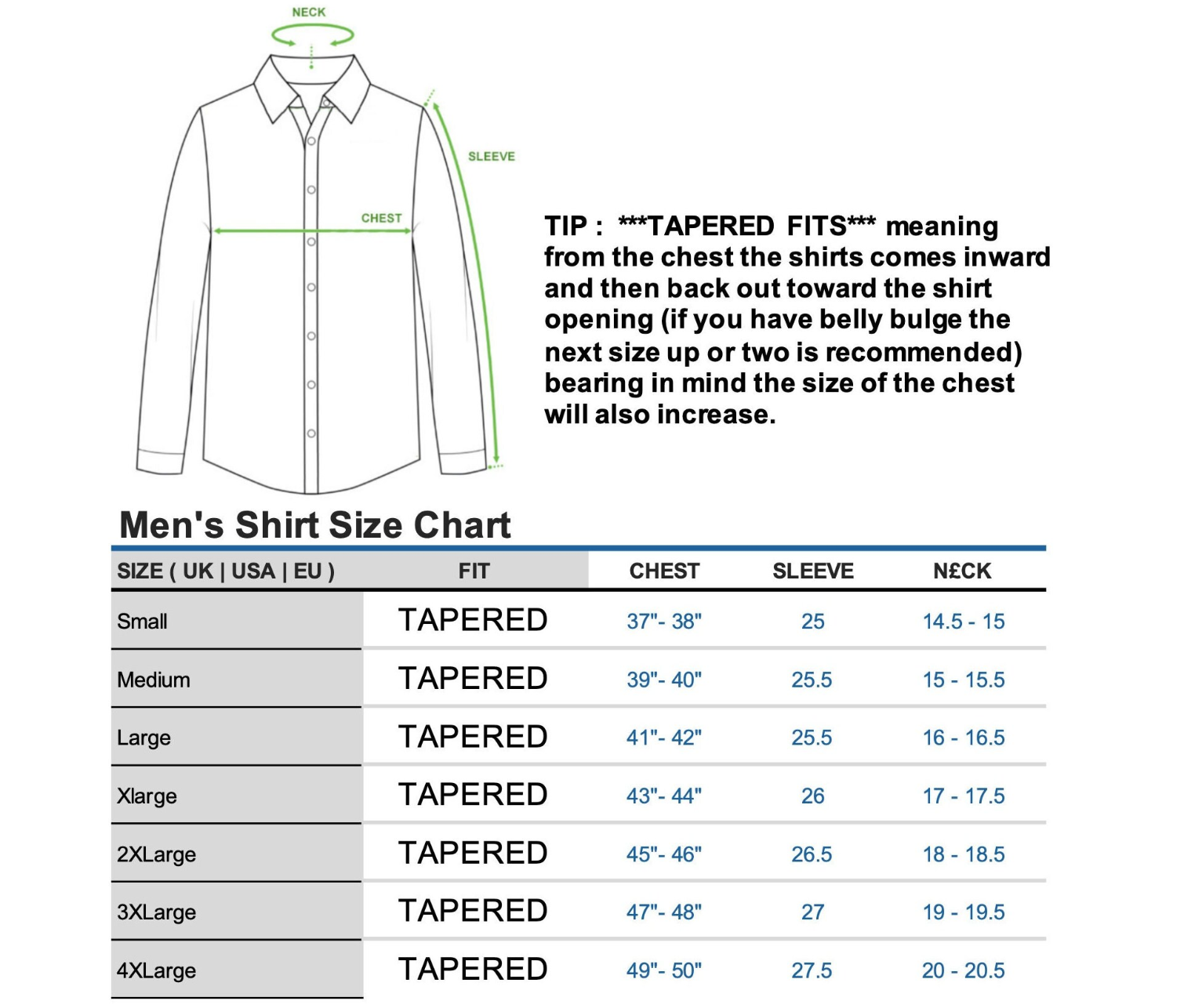ICONIC WHITE DOUBLER - White Double Cuff Shirt With Studs size Chart by ECCA LONDON DESIGN