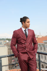 Burgundy Texture Double-Breasted Suit With Caramel Crested Buttons for Men by ECCA LONDON