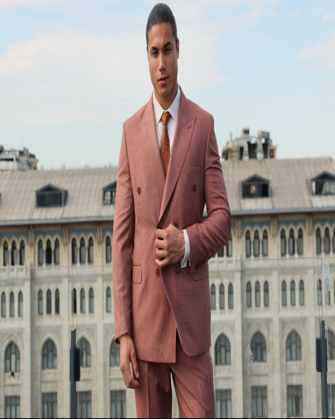 Men's Caramel Texture Double-Breasted Suit With Caramel Crested Buttons by ECCA LONDON