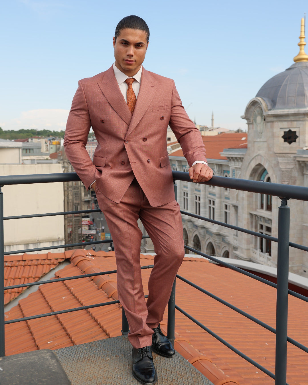 Brick Colour Texture Double-Breasted Suit With Caramel Crested Buttons for Men