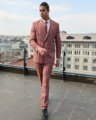 Men's Brick Colour Texture Double-Breasted Suit With Caramel Crested Buttons