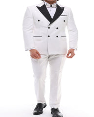 White double breasted tuxedo with black lapel and white trousers, paired with a bow tie and pocket square.