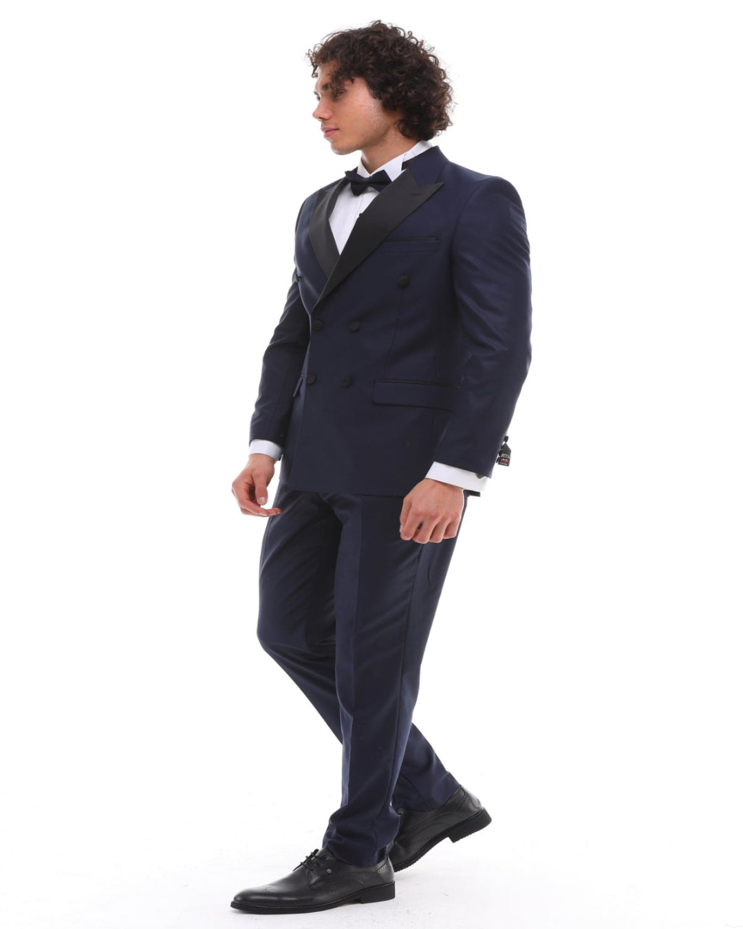 navy blue suit with a white shirt and black bow tie for men