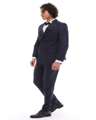 navy blue suit with a white shirt and black bow tie for men