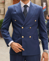 Blue Double-Breasted Suit With Golden Crested Buttons