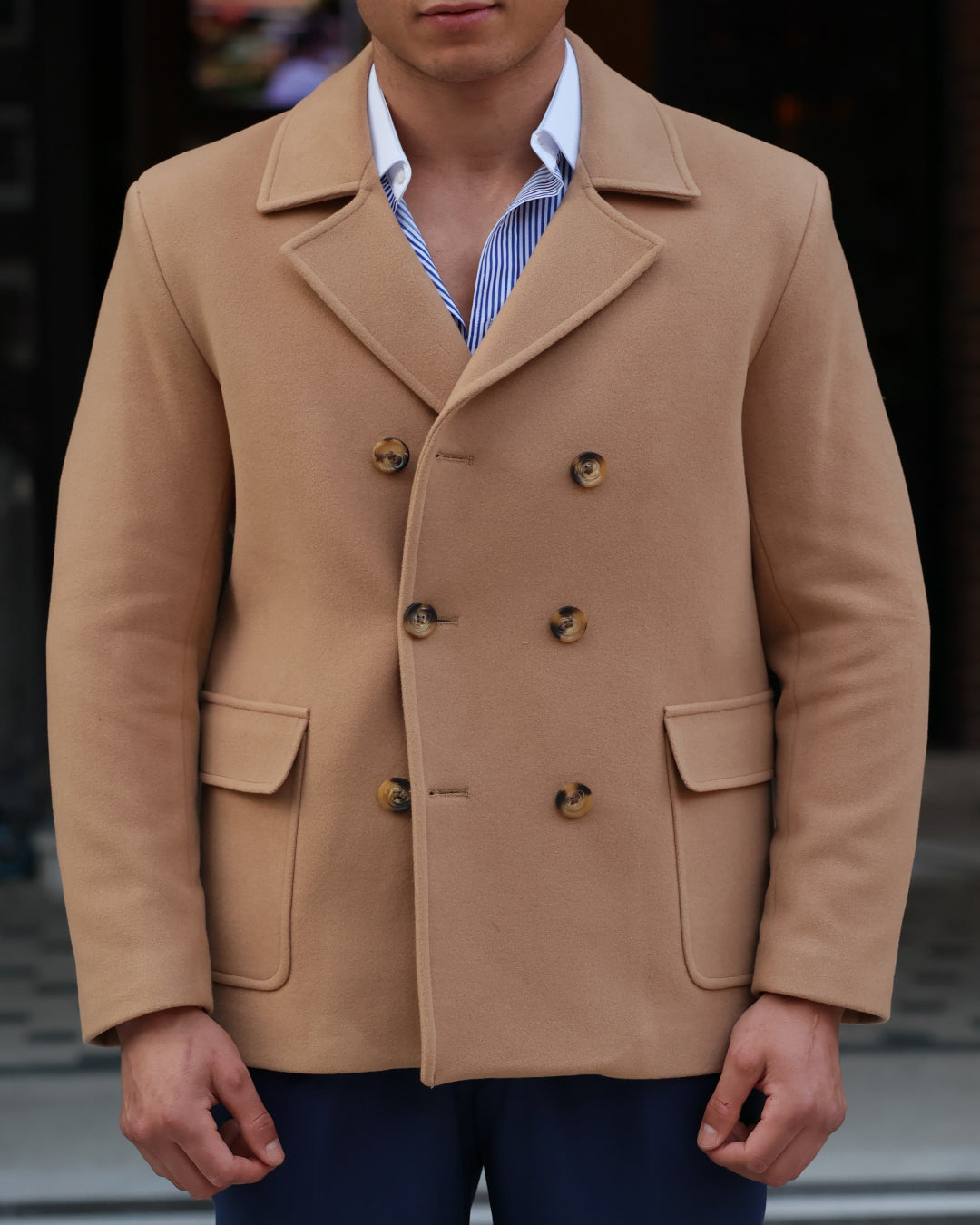 Men's Tan Overcoat Wool Mixed, double-breasted camel overcoat showcasing a chic autumn style.