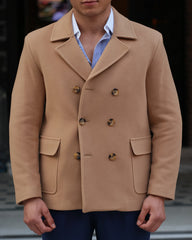 Men's Tan Overcoat Wool Mixed, double-breasted camel overcoat showcasing a chic autumn style.