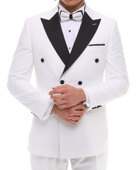 White double breasted tuxedo with black lapel and white trousers, paired with a bow tie and pocket square.
