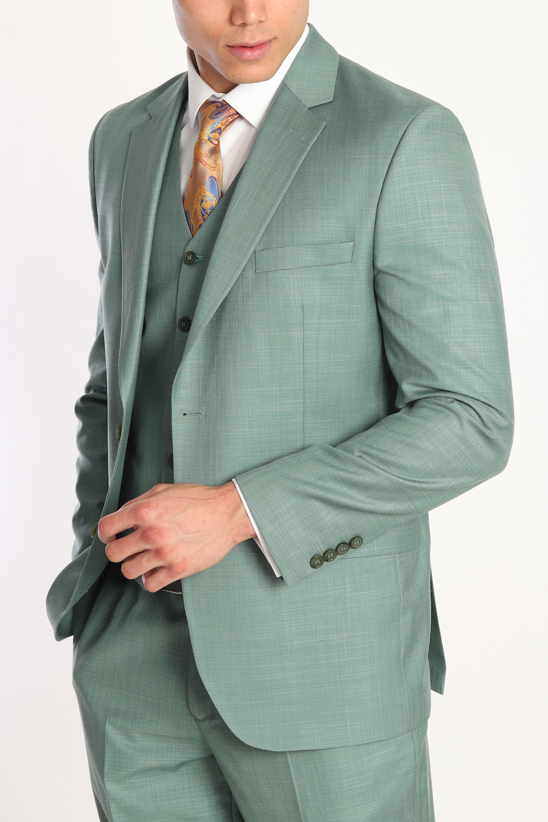 green three piece suits for men by designer