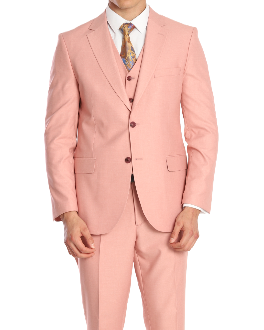 A man wearing a pink three-piece suit with a notch lapel, jacket, and a patterned pocket square.