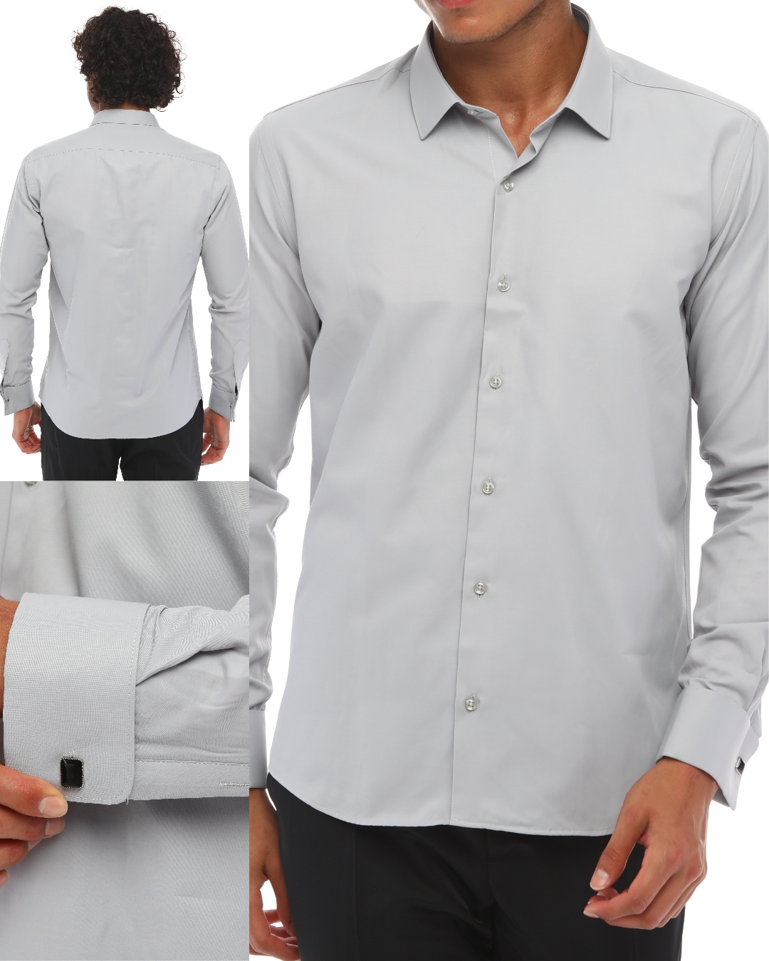 ICONIC GREY DOUBLER - Grey Double Cuff Shirt With Studs