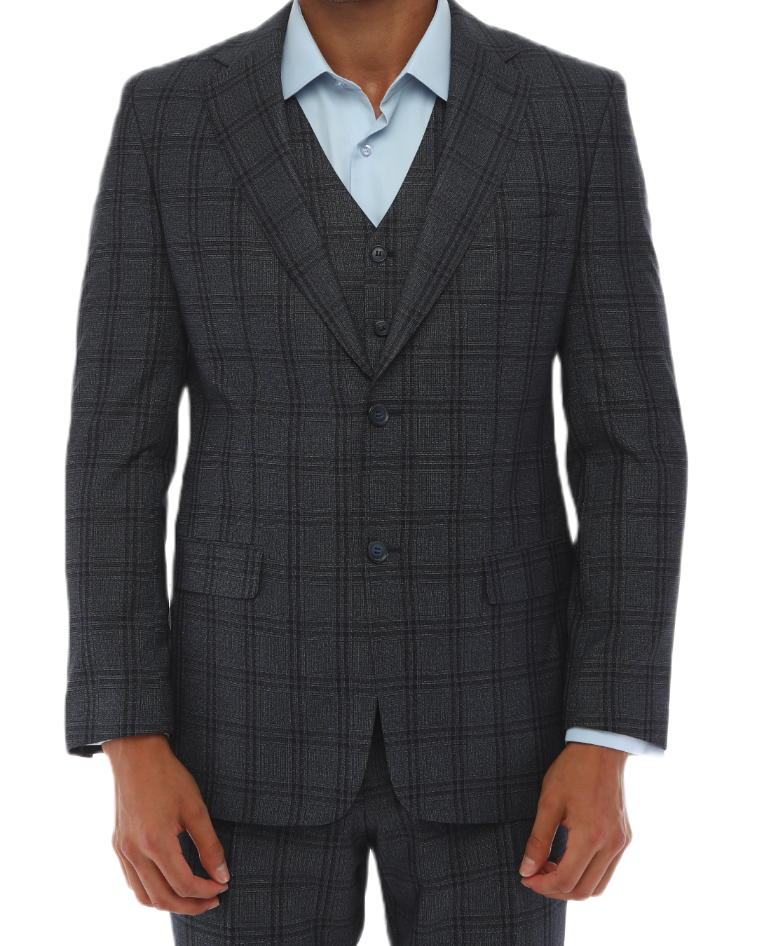ISAAC SAVCI - Blue & Charcoal Plaid Three Piece Suit