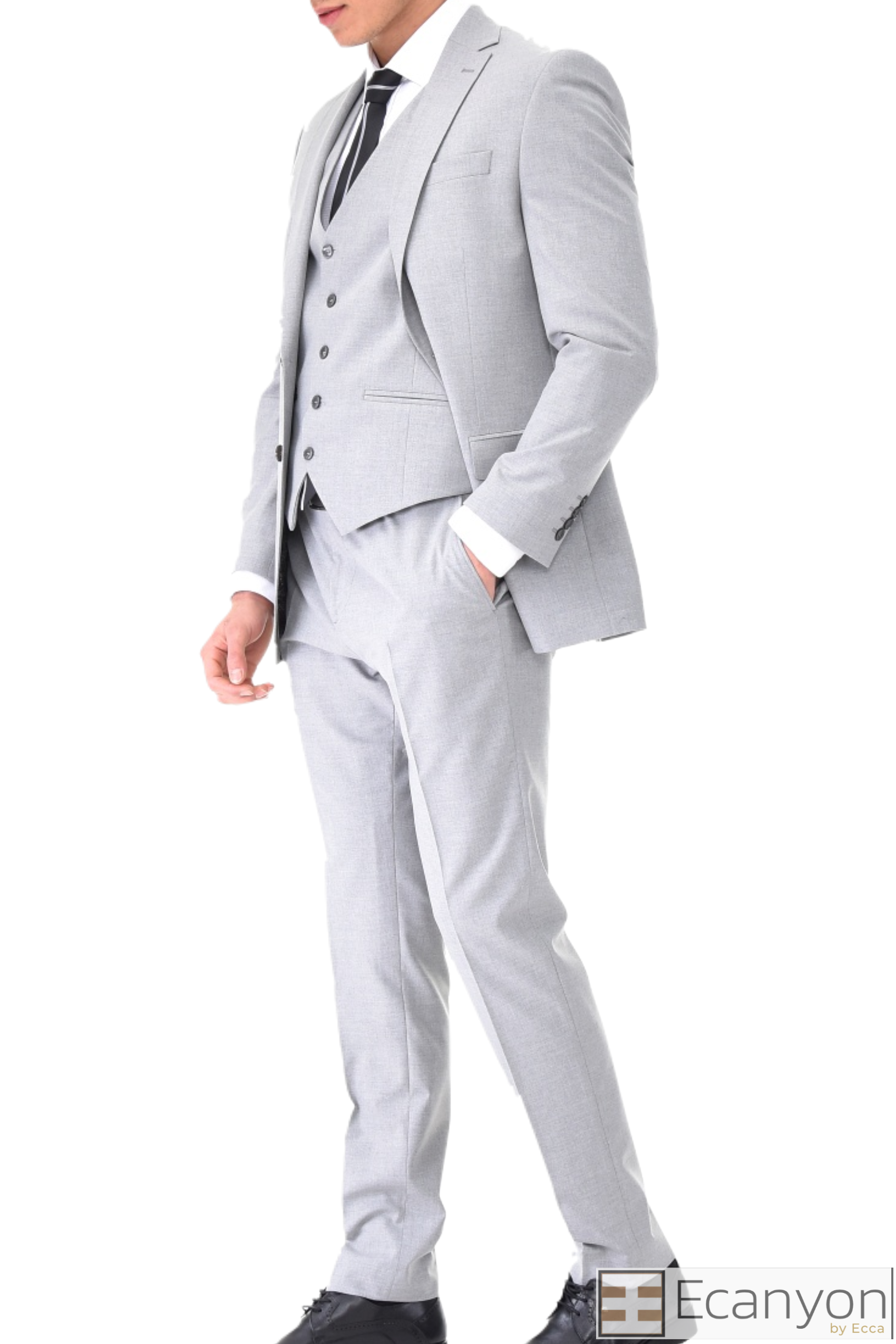 Ice Grey Plain Three Piece Suit, A timeless a plain grey three piece suits that can be styled up for special events or styled down for the office. The matching quality a plain grey waistcoat and trousers are paired with a plain grey suit jacket. You’ll love the patterned lining panels on this suit, especially the one in the jacket’s breast pocket which doubles up as a pocket square. Master Tailored Fit 3 Piece Suit