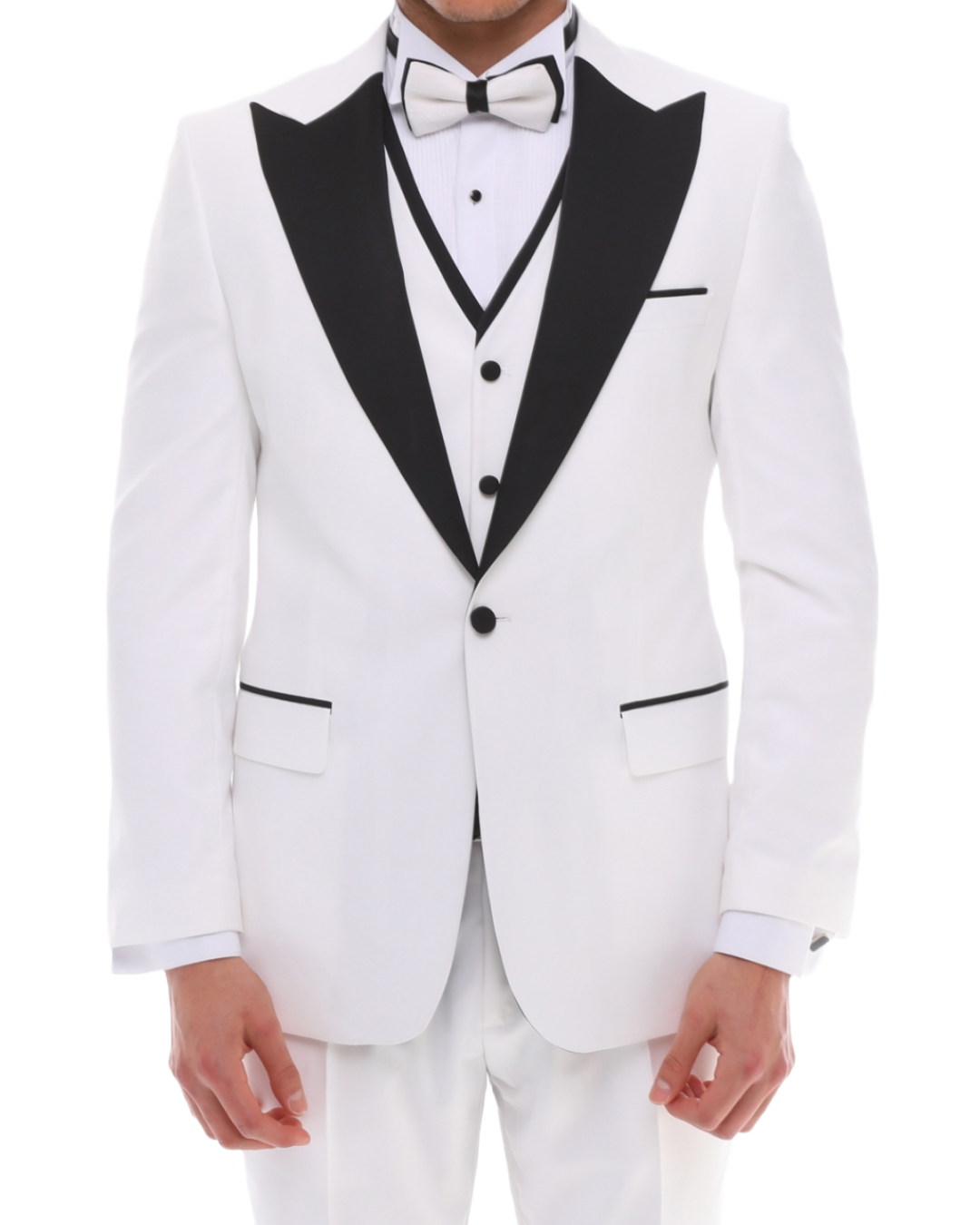 white tuxedo with black satin details and a peaked lapel.