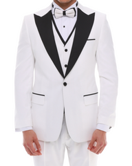 white tuxedo with black satin details and a peaked lapel.