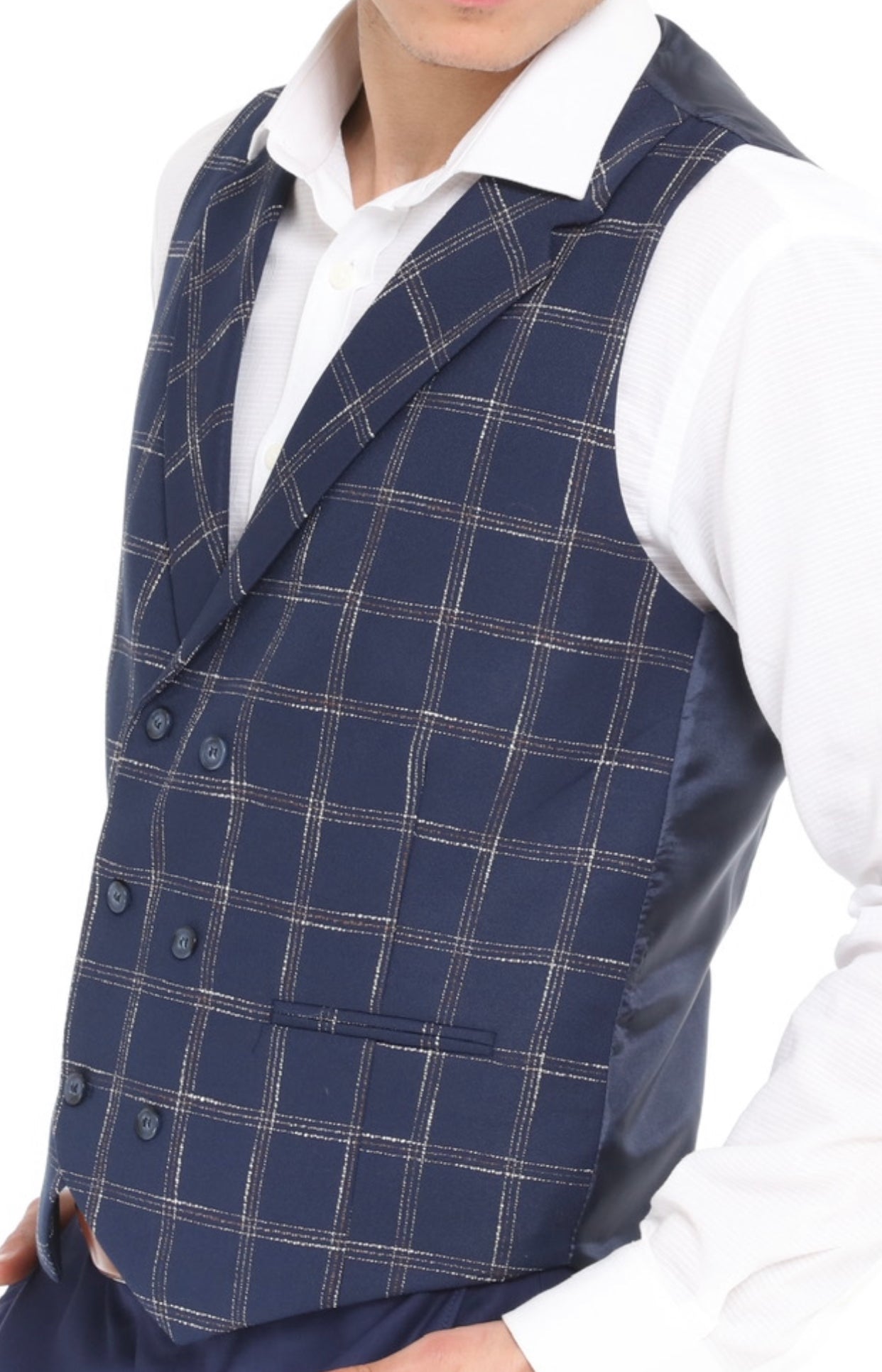 navy wool check waistcoat for men by  UK designer