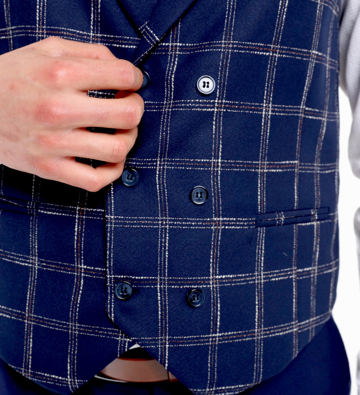 navy wool check waistcoat for men by London designer 