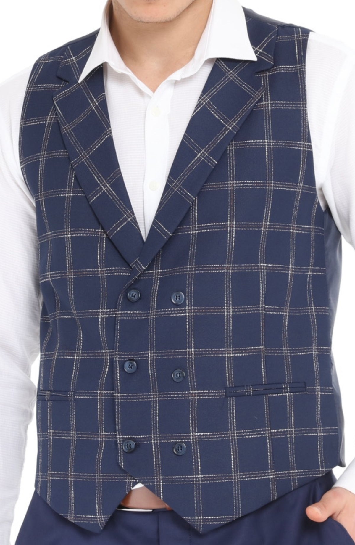 navy wool check waistcoat for men by designer
